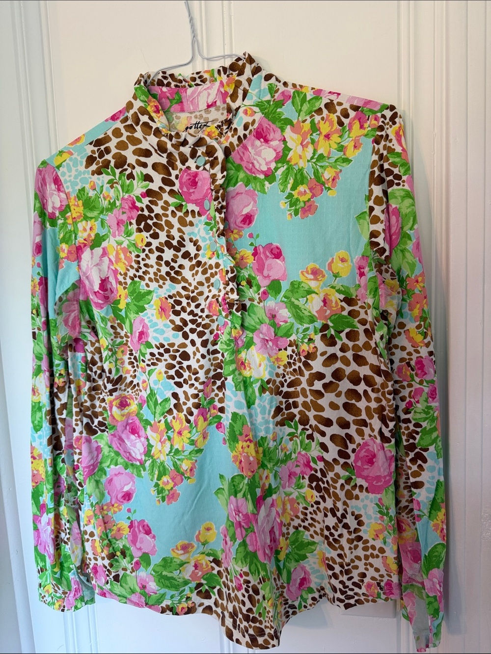 Gottex Floral & Leopard Print Button-Down Blouse - Pink, Aqua & Brown